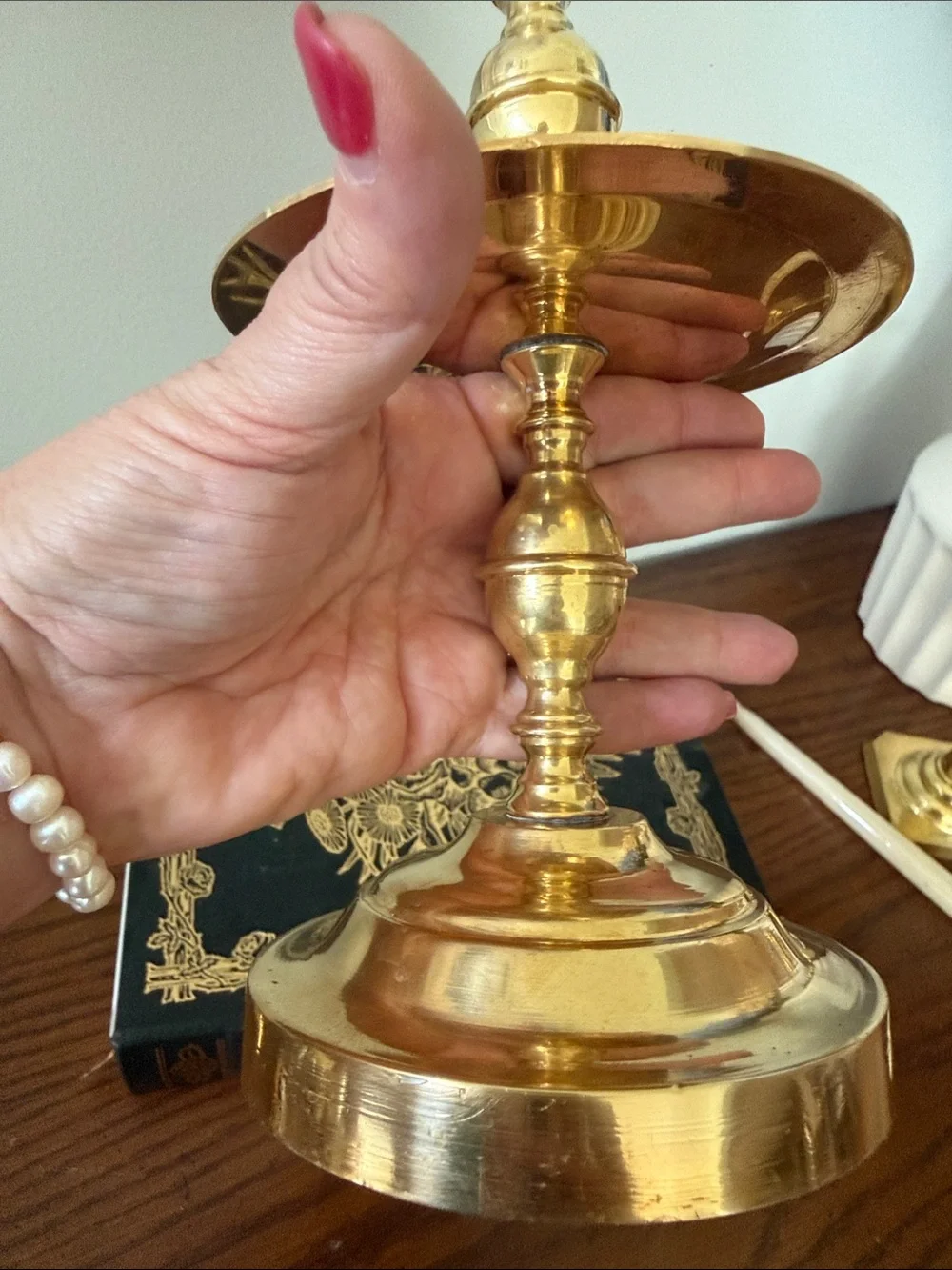 Vintage Brass Candlestick Holder with Circular Drip Tray  and Stepped Bell Base